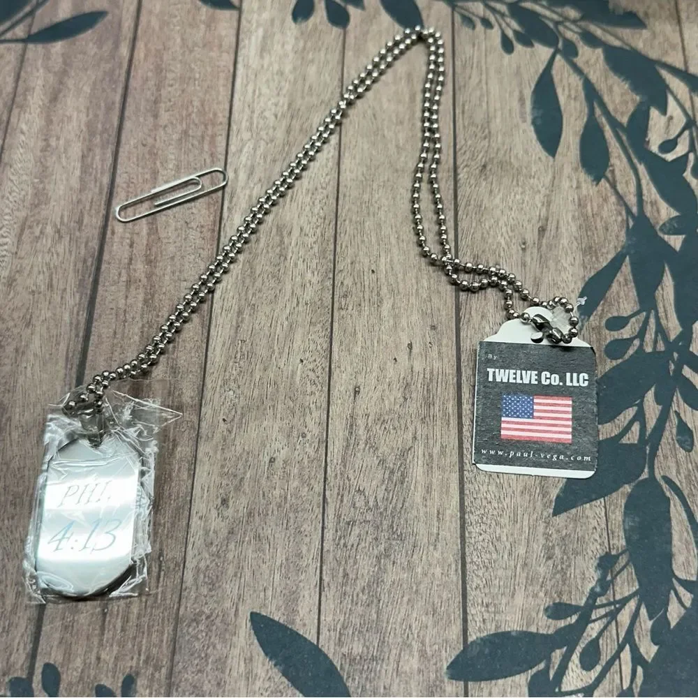 Paul Vega Phil 4:13 Stainless‎ Steel Dog Tag Necklace NWT B4
